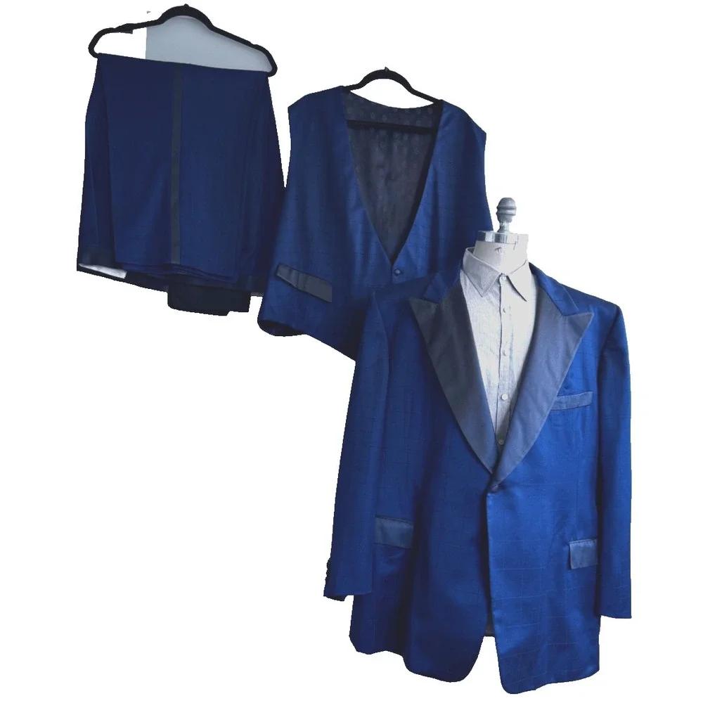Lou‎ Myles Men's 52 Navy Blue Tuxedo 3 Piece Suit Vest 47x28 Satin Trim VTG